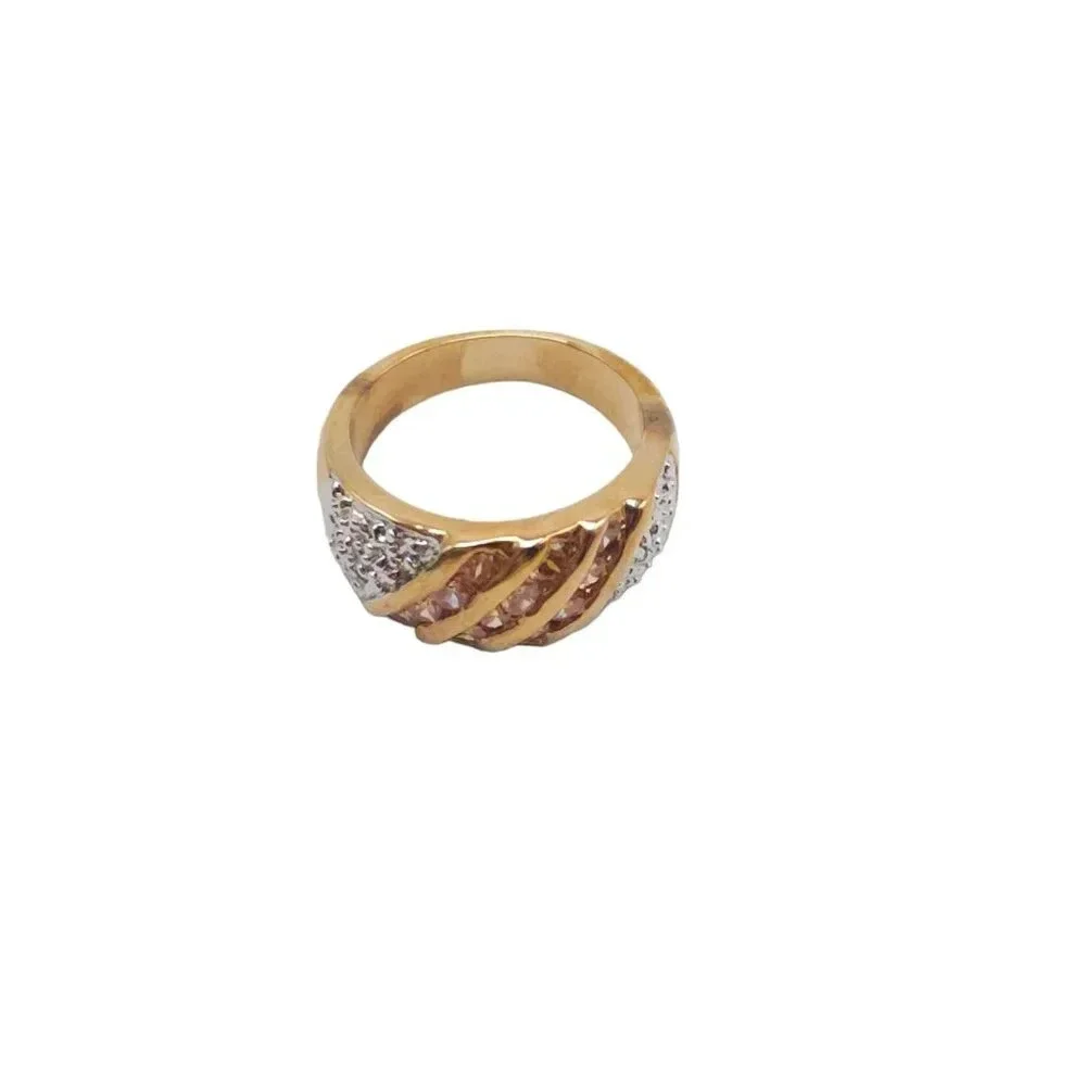 Dual Gold Silver Toned Clear Peach Rhinestone Band Ring Size 5.5